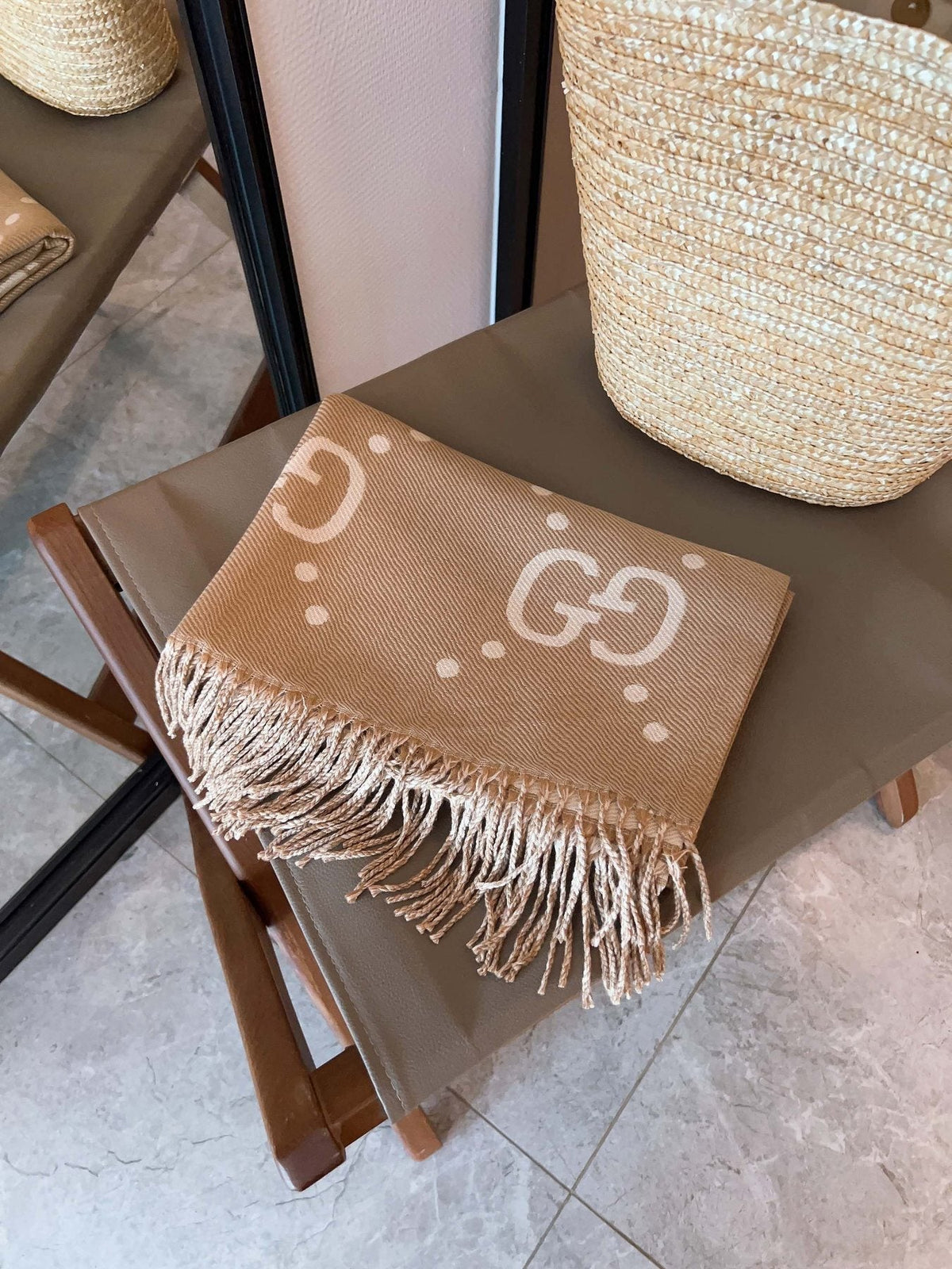 Gucci Camel Brown and Ivory Fringed Scarf product image 5, provided for visual reference and product detail review