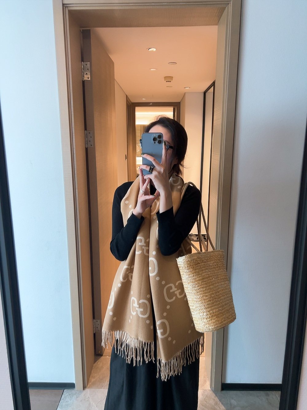 Gucci Tan Cream Motif Fringed Scarf product image 3, provided for visual reference and product detail review