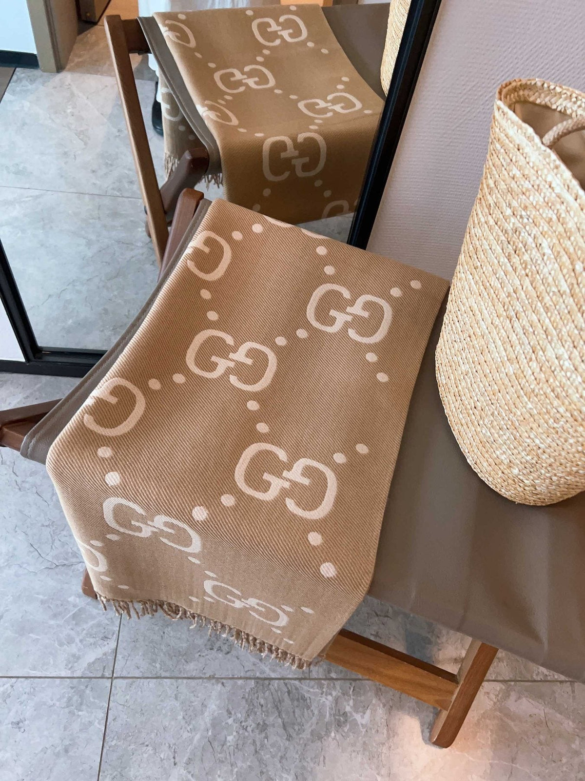Gucci Tan Cream Motif Fringed Scarf product image 5, provided for visual reference and product detail review