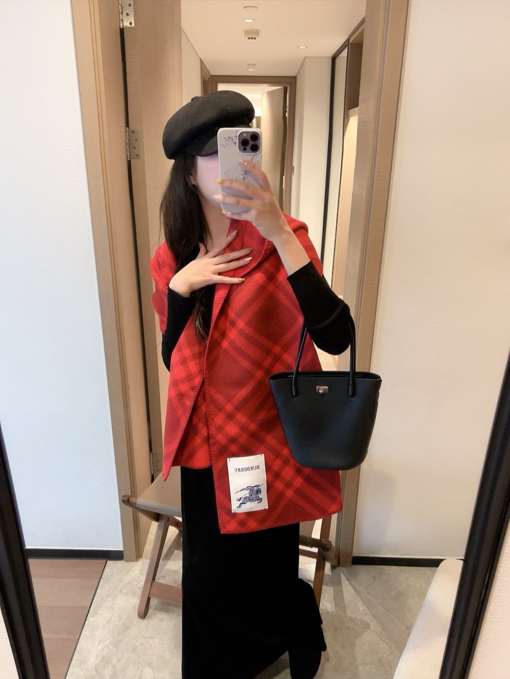 Burberry Red Plaid Hooded Scarf Shawl product image 3, provided for visual reference and product detail review