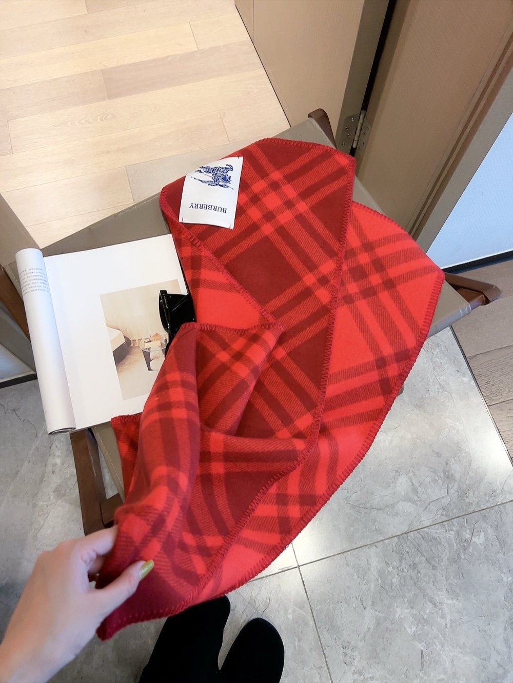 Burberry Red Check Hooded Scarf Shawl product image 4, provided for visual reference and product detail review
