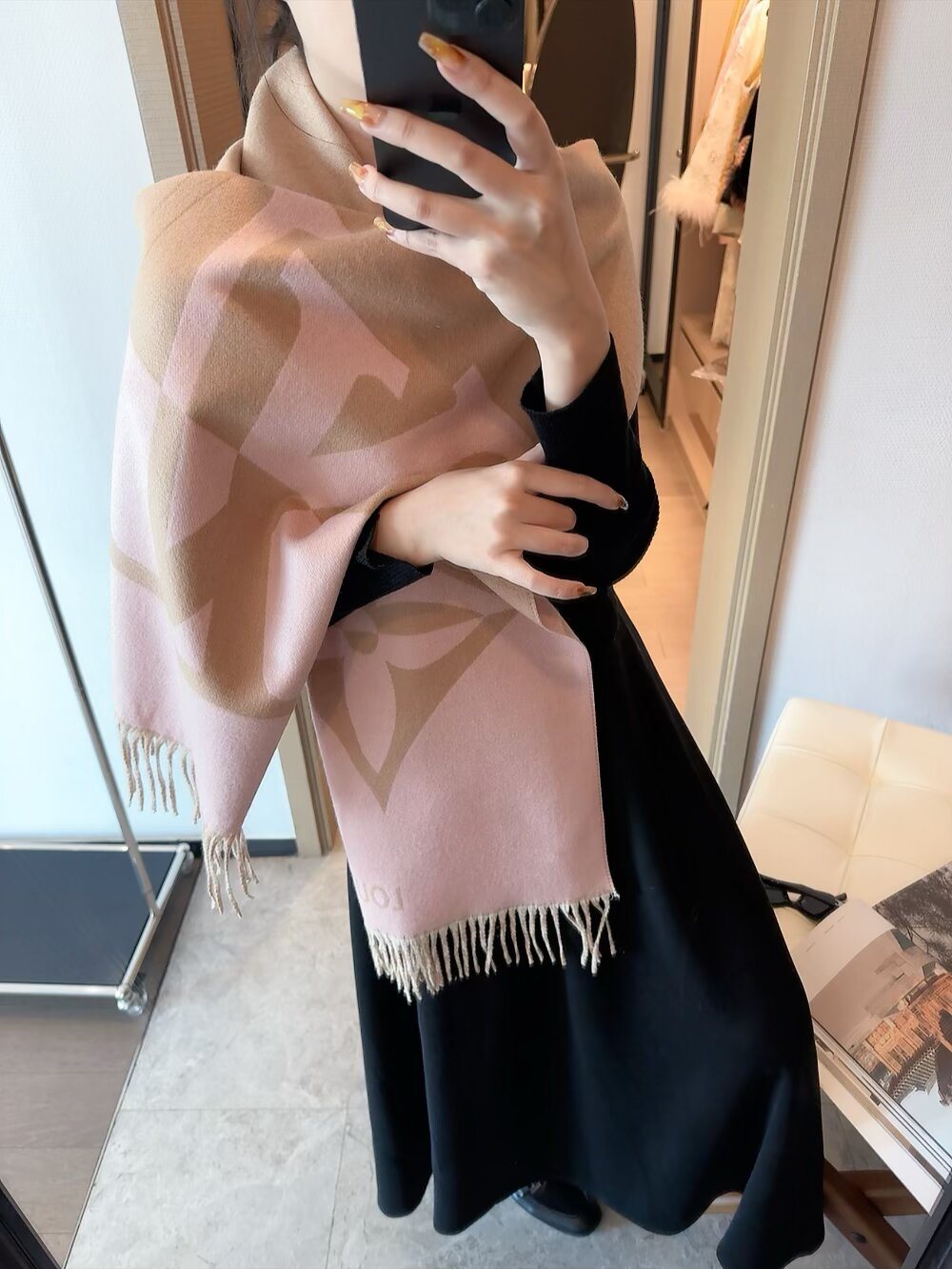 Louis Vuitton Dusty Pink Monogram Fringed Scarf product image 2, provided for visual reference and product detail review