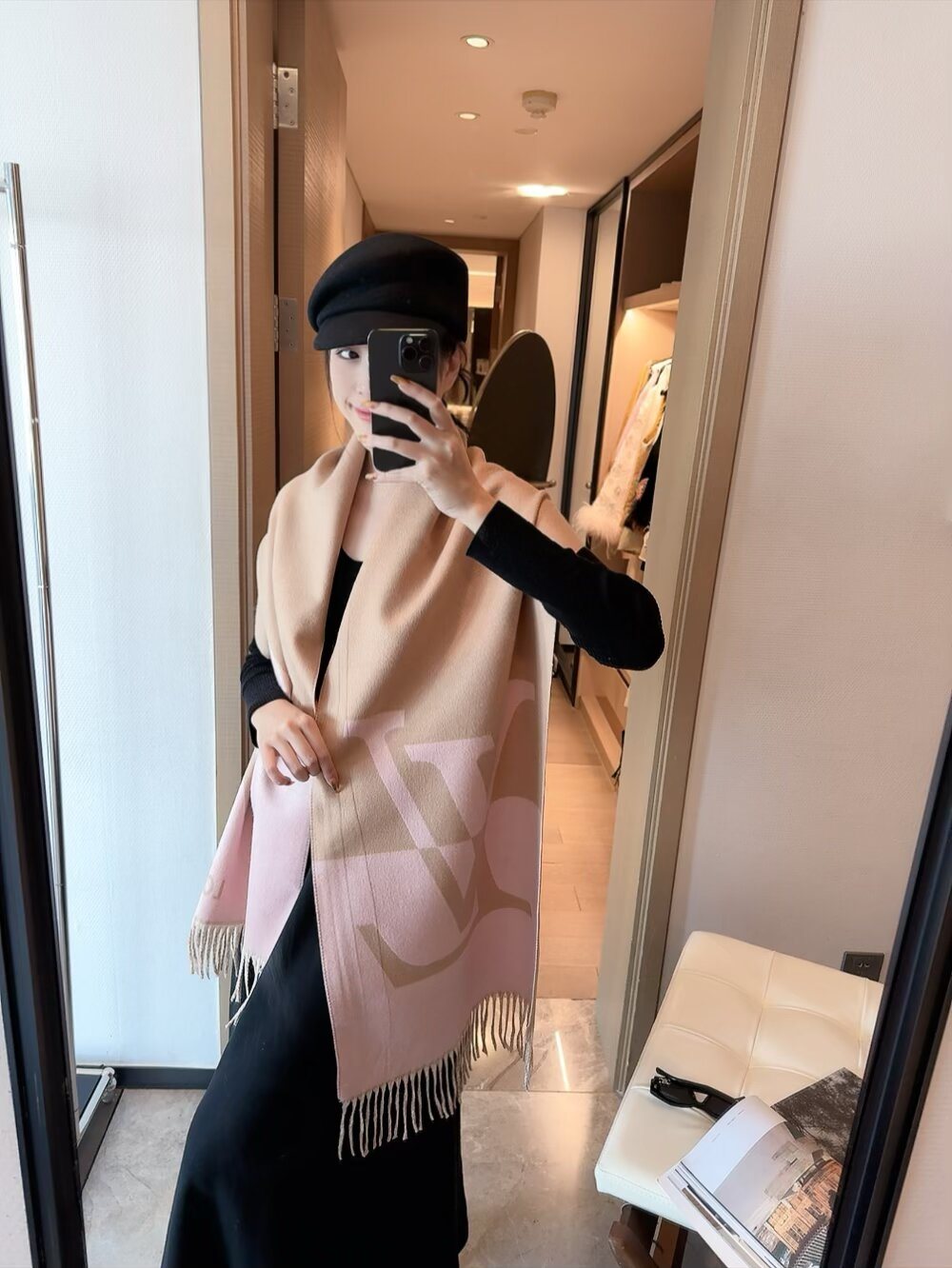 Louis Vuitton Dusty Pink Monogram Fringed Scarf product image 3, provided for visual reference and product detail review
