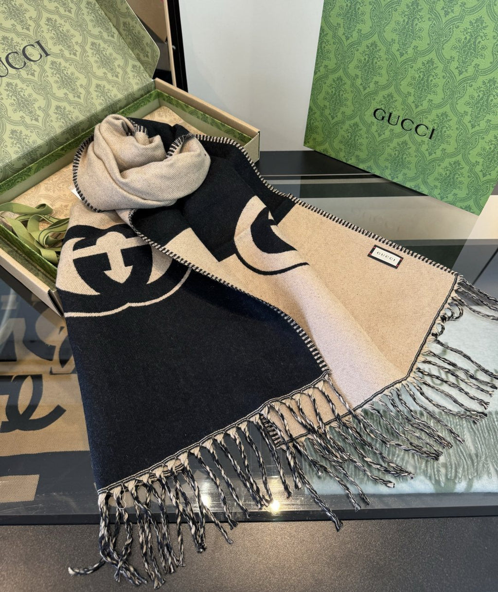 Gucci Black and Beige Fringe Scarf product image 2, provided for visual reference and product detail review