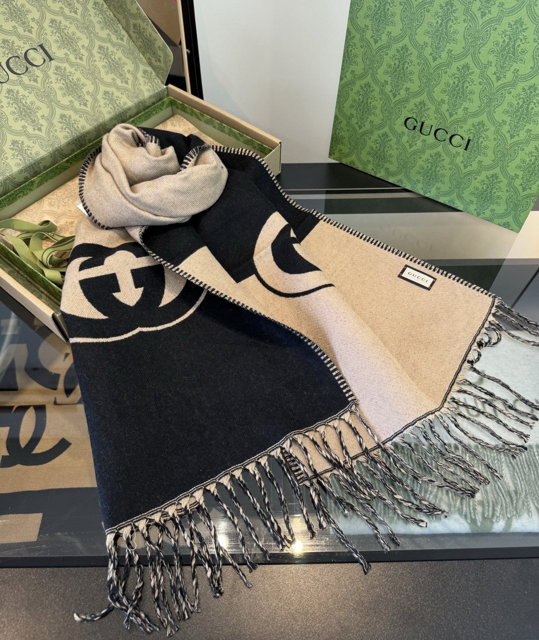 Gucci Black and Beige Fringe Scarf product image 2, provided for visual reference and product detail review