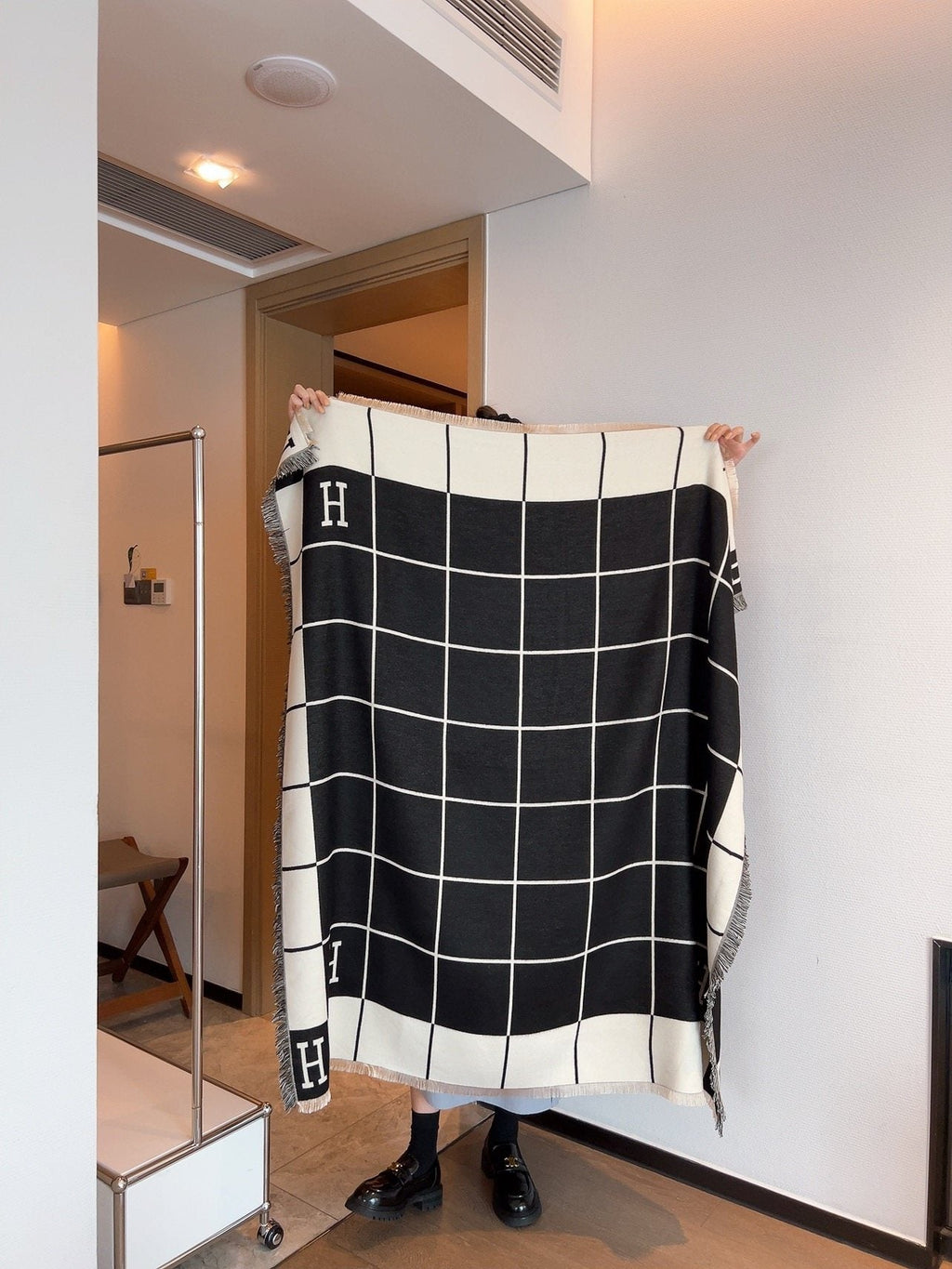 Hermès Black & Cream Grid Square Scarf product image 3, provided for visual reference and product detail review