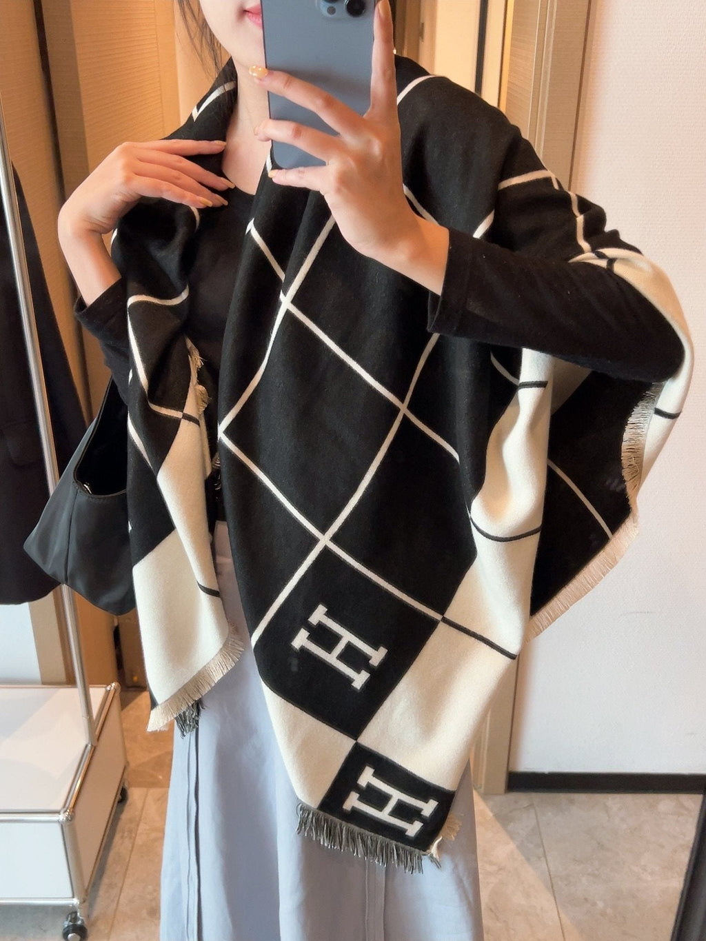 Hermès Black & Ivory Grid Square Scarf product image 5, provided for visual reference and product detail review