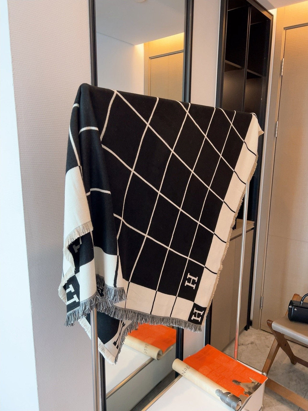 Hermès Black & Cream Grid Square Scarf product image 6, provided for visual reference and product detail review