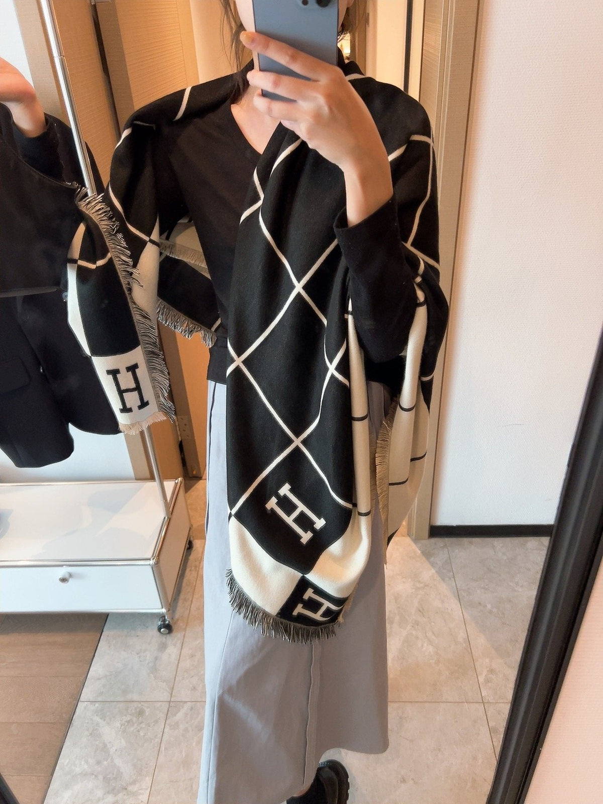 Hermès Black & Ivory Grid Square Scarf product image 8, provided for visual reference and product detail review