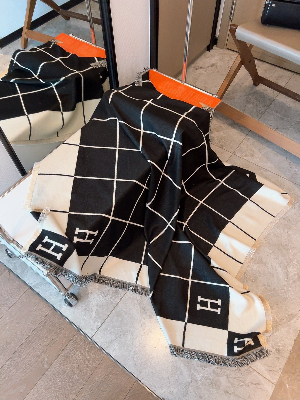 Hermès Black & Ivory Grid Square Scarf product image 6, provided for visual reference and product detail review