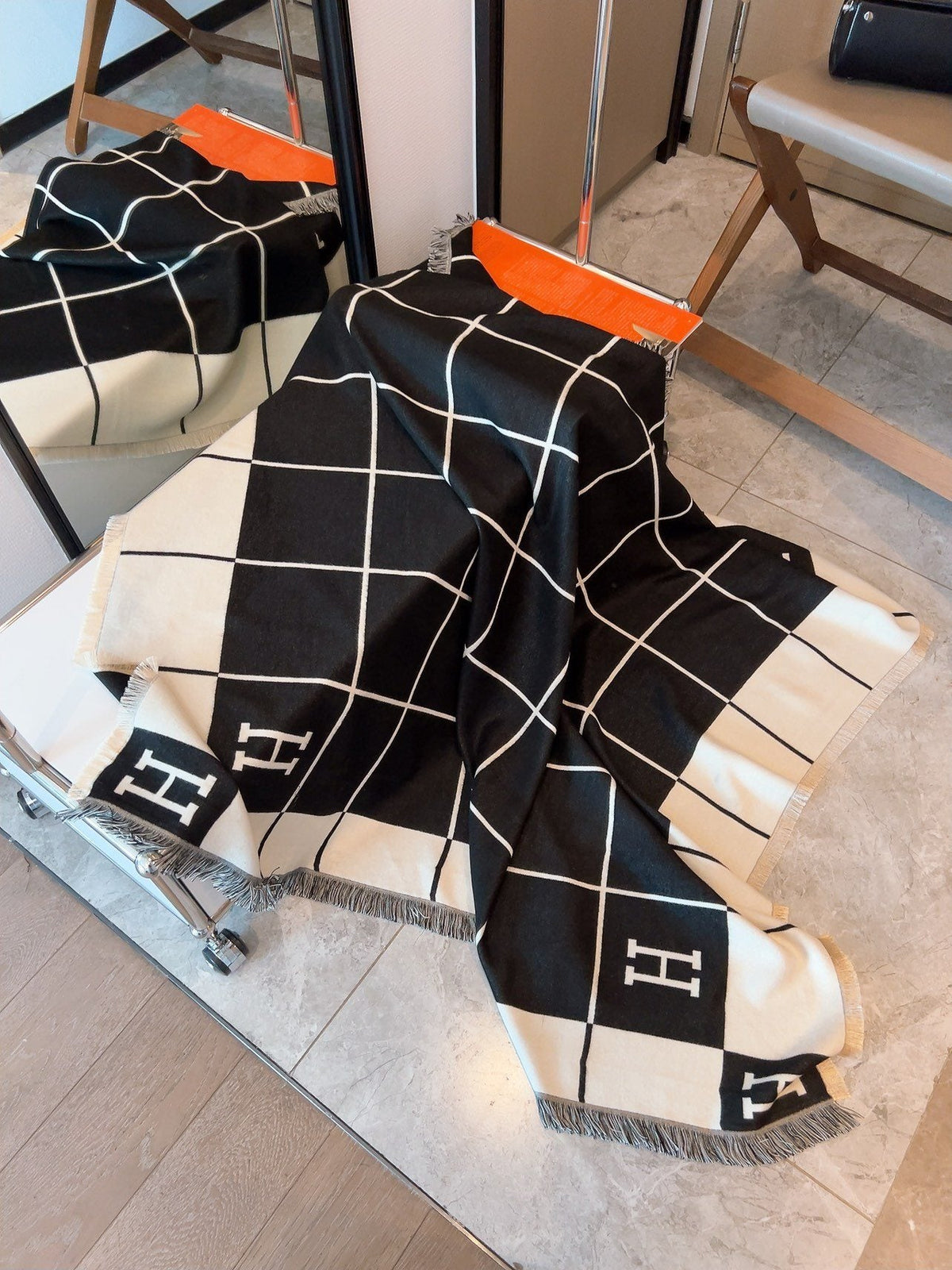 Hermès Black & Cream Grid Square Scarf product image 7, provided for visual reference and product detail review