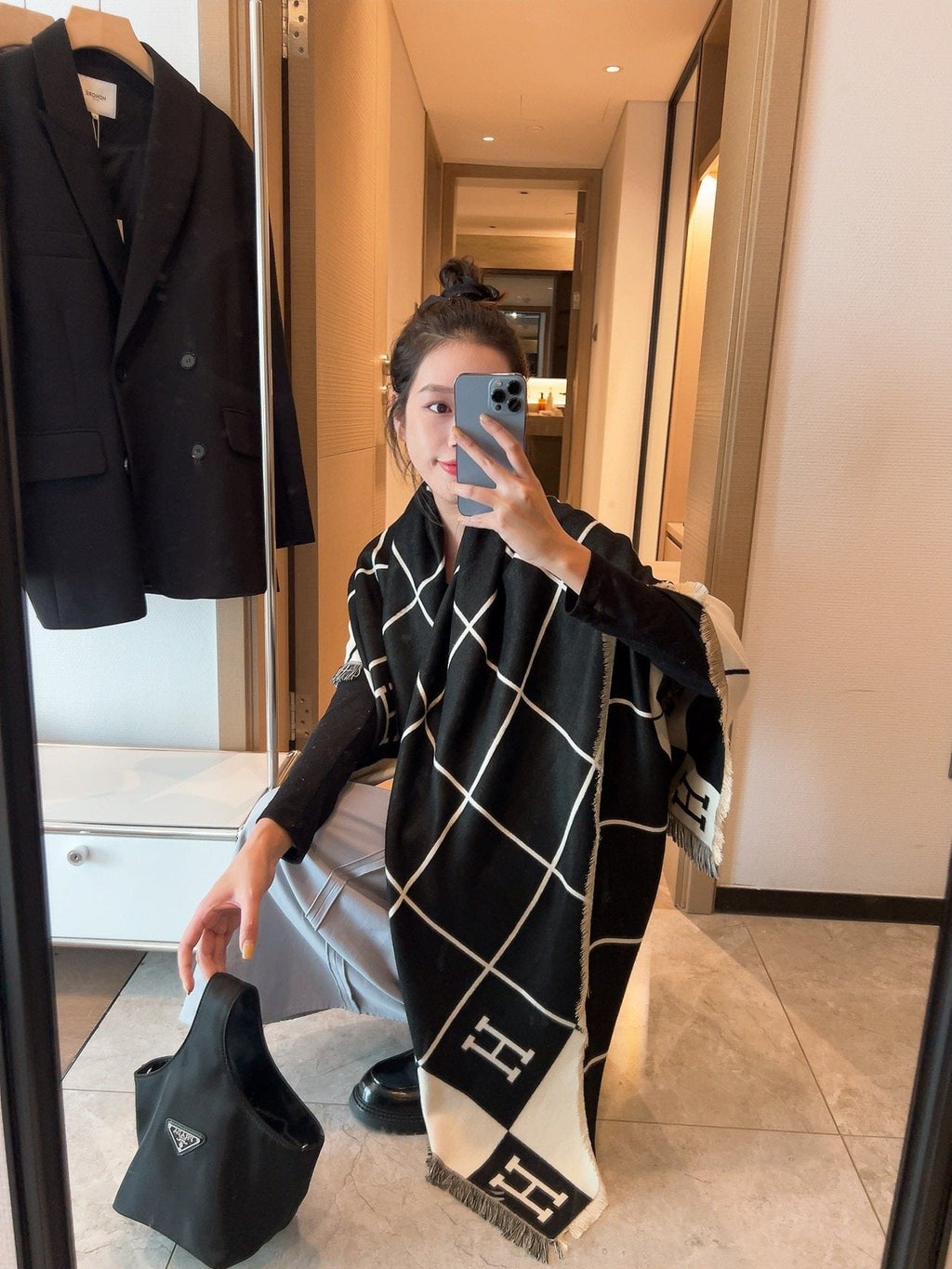 Hermès Black & Ivory Grid Square Scarf product image 4, provided for visual reference and product detail review