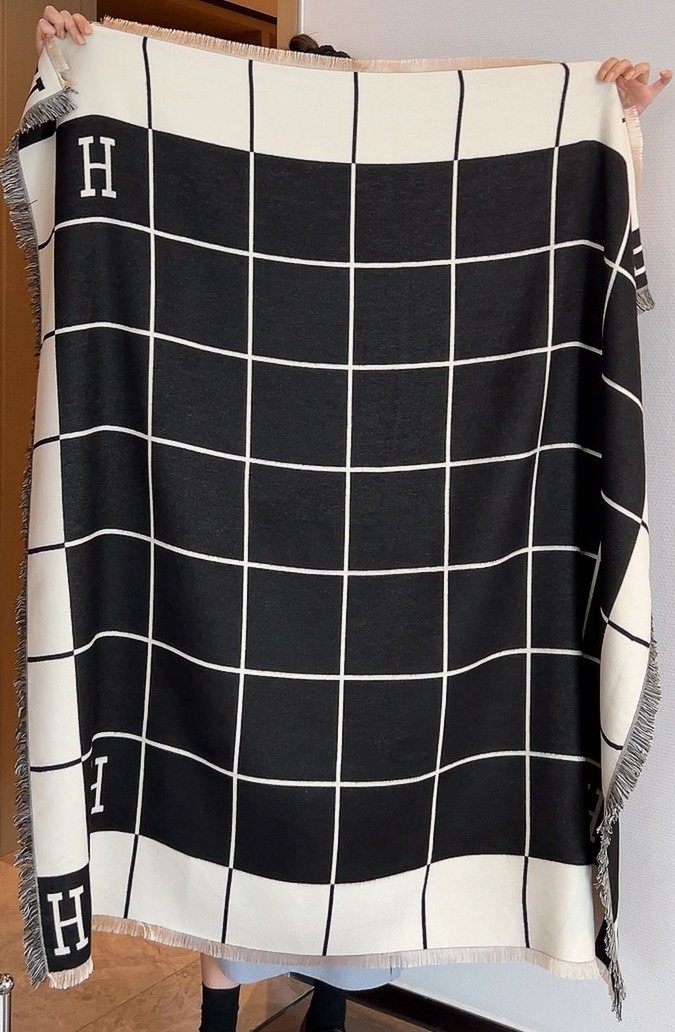 Hermès Black & Cream Grid Square Scarf product image 1, provided for visual reference and product detail review