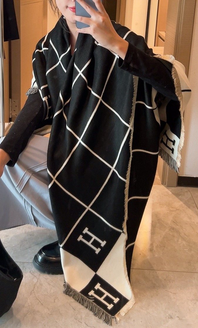 Hermès Black & Cream Grid Square Scarf product image 2, provided for visual reference and product detail review