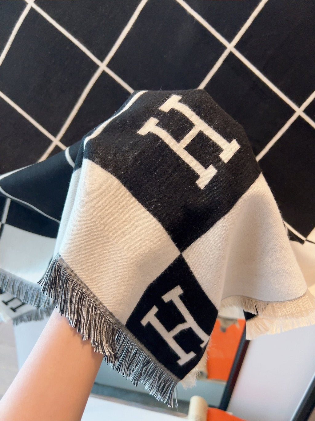 Hermès Black & Ivory Grid Square Scarf product image 10, provided for visual reference and product detail review