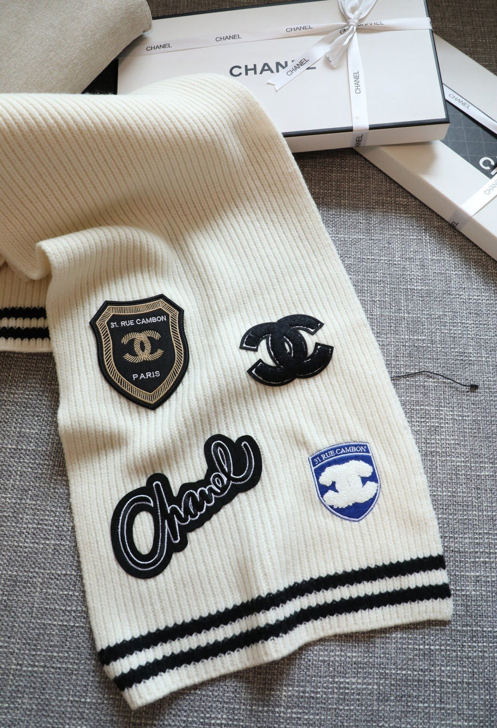 Chanel Emblem Rib-Knit Scarf product image 5, provided for visual reference and product detail review