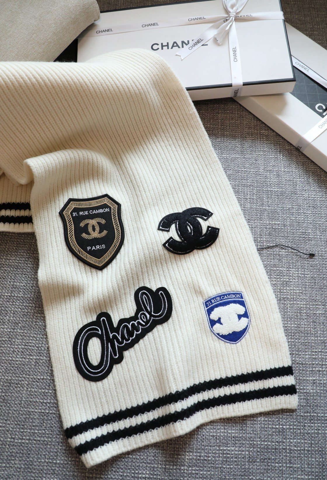 Chanel Emblem Rib-Knit Scarf product image 5, provided for visual reference and product detail review