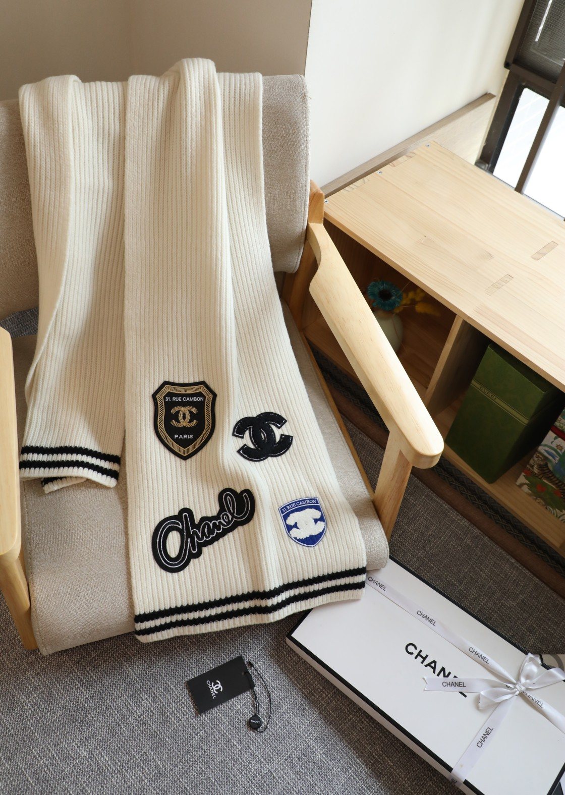 Chanel Emblem Rib-Knit Scarf product image 3, provided for visual reference and product detail review