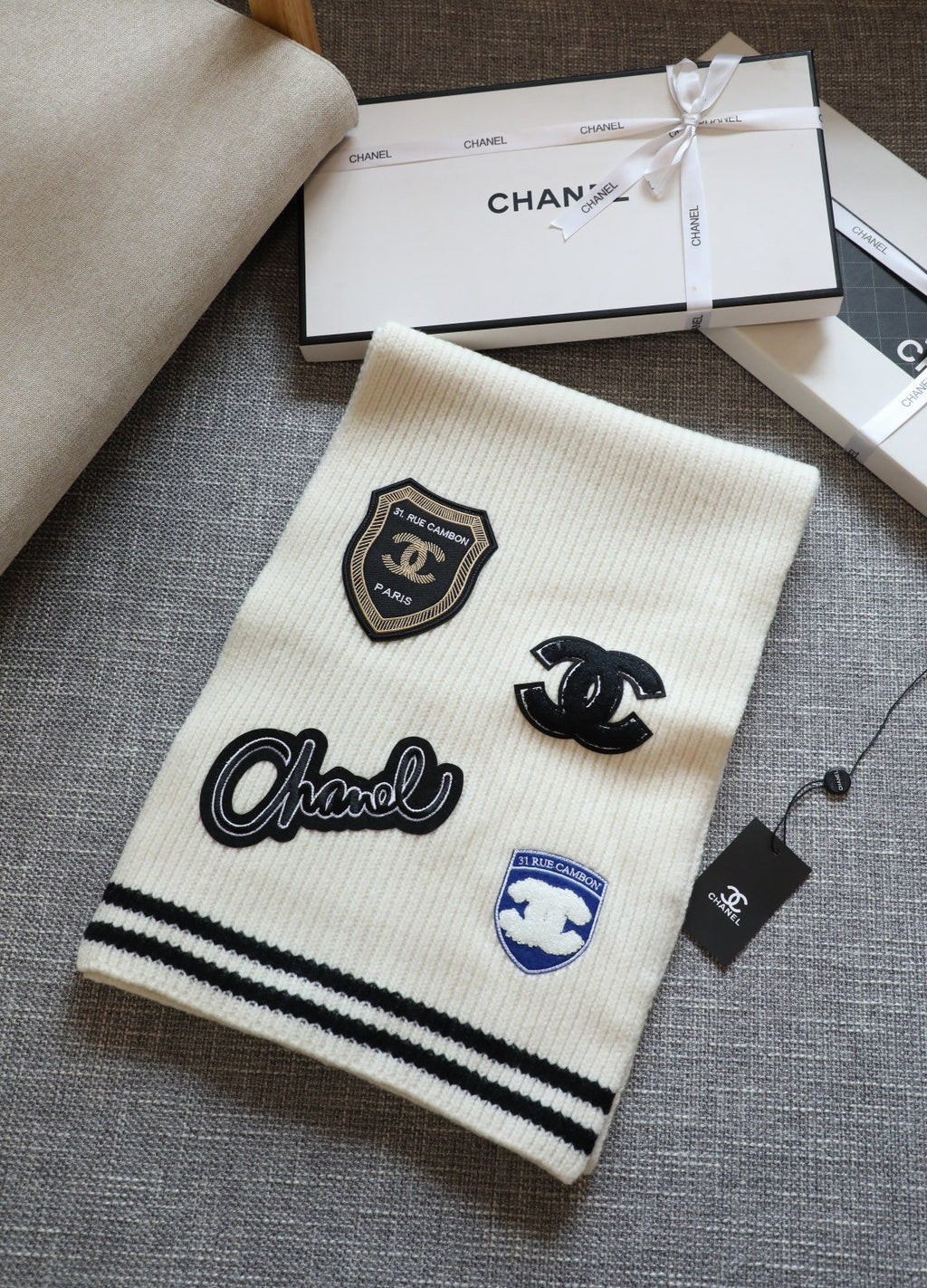 Chanel Emblem Rib-Knit Scarf product image 4, provided for visual reference and product detail review