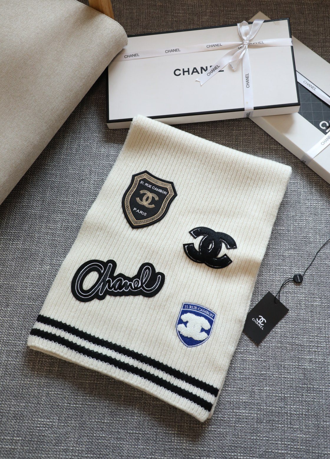 Chanel Emblem Rib-Knit Scarf product image 4, provided for visual reference and product detail review