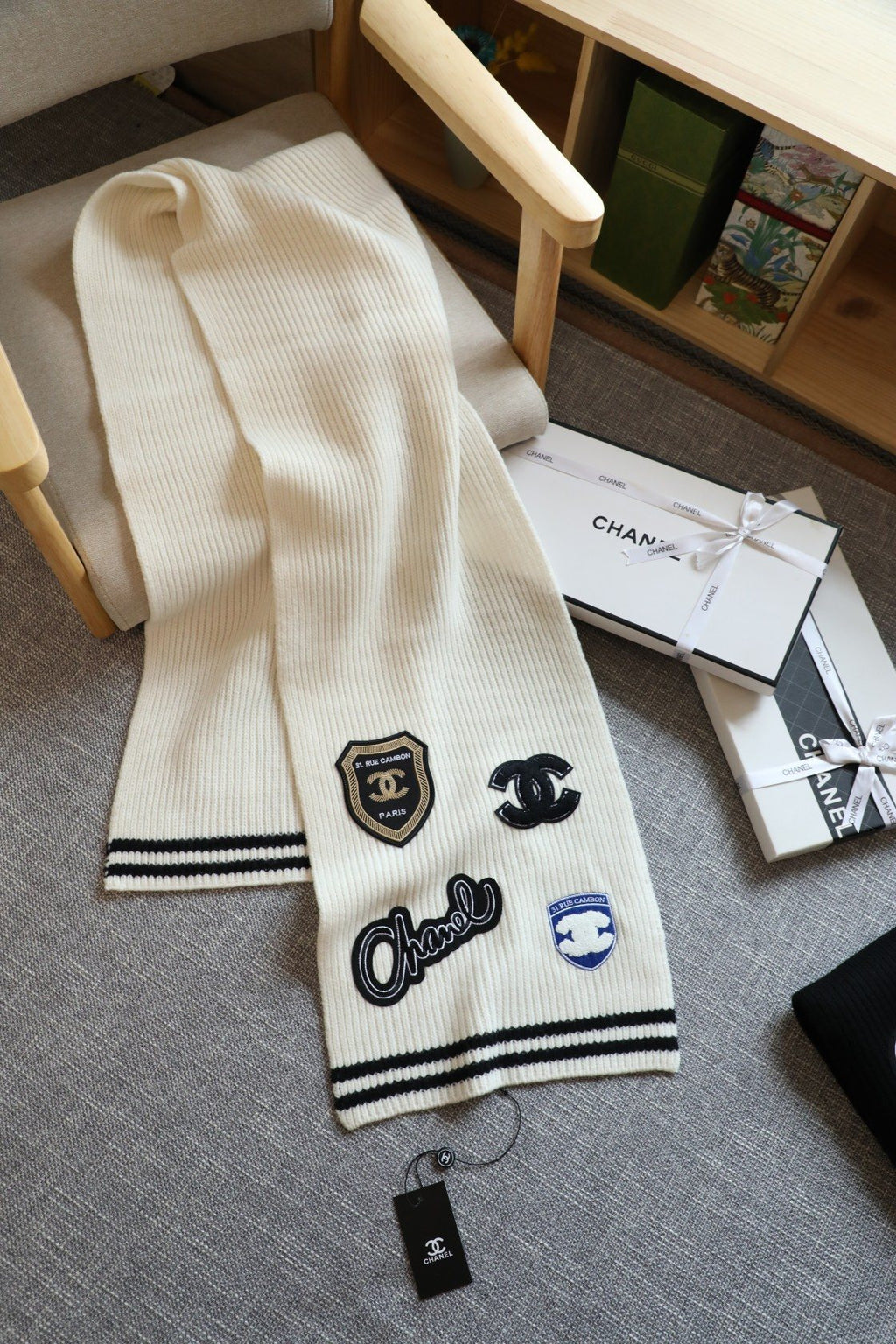 Chanel Emblem Rib-Knit Scarf product image 2, provided for visual reference and product detail review
