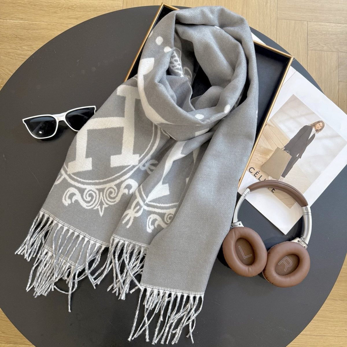 Fringed Knit Scarf with Ornamental Motif product image 1, provided for visual reference and product detail review
