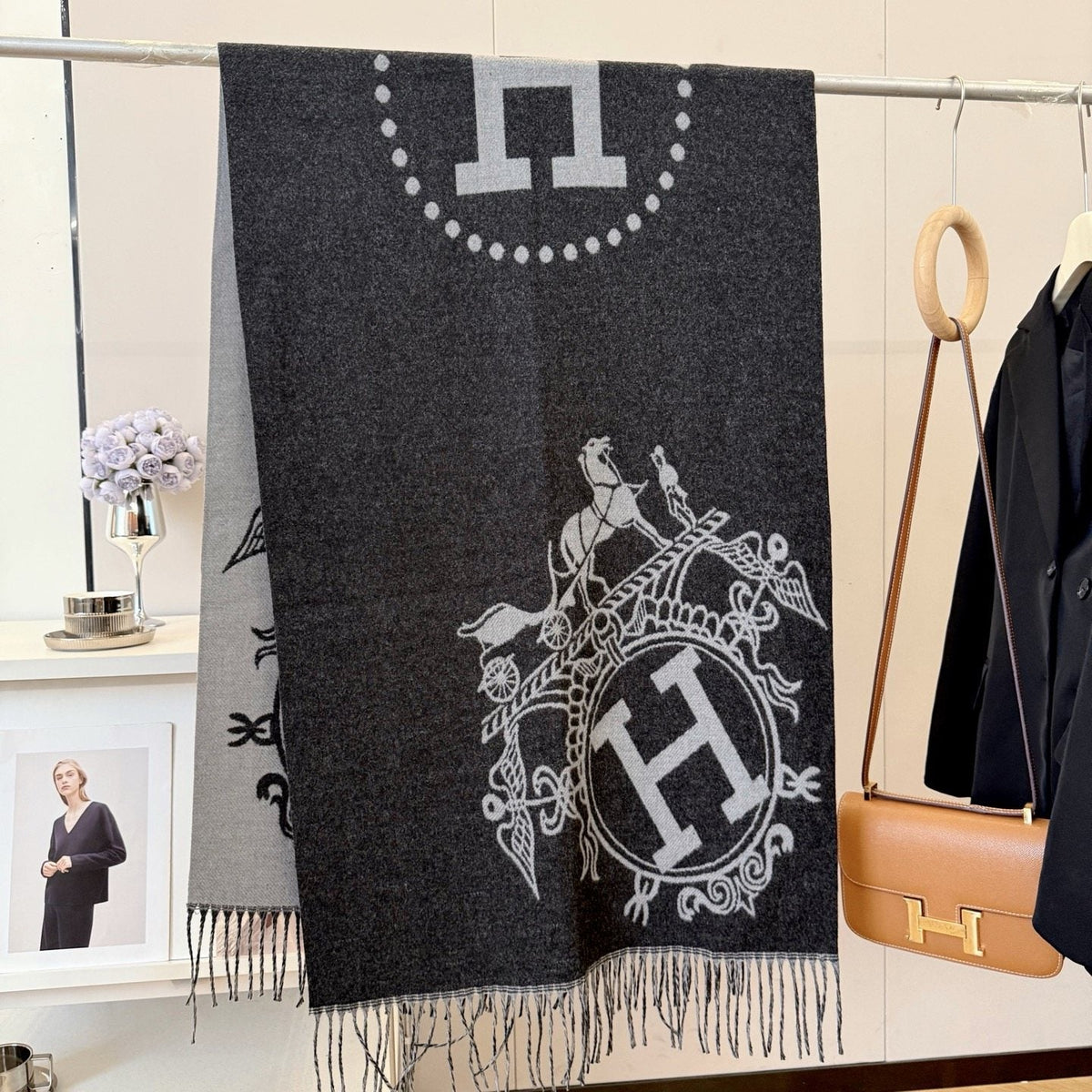 Fringed Knit Scarf with Ornamental Motif product image 4, provided for visual reference and product detail review