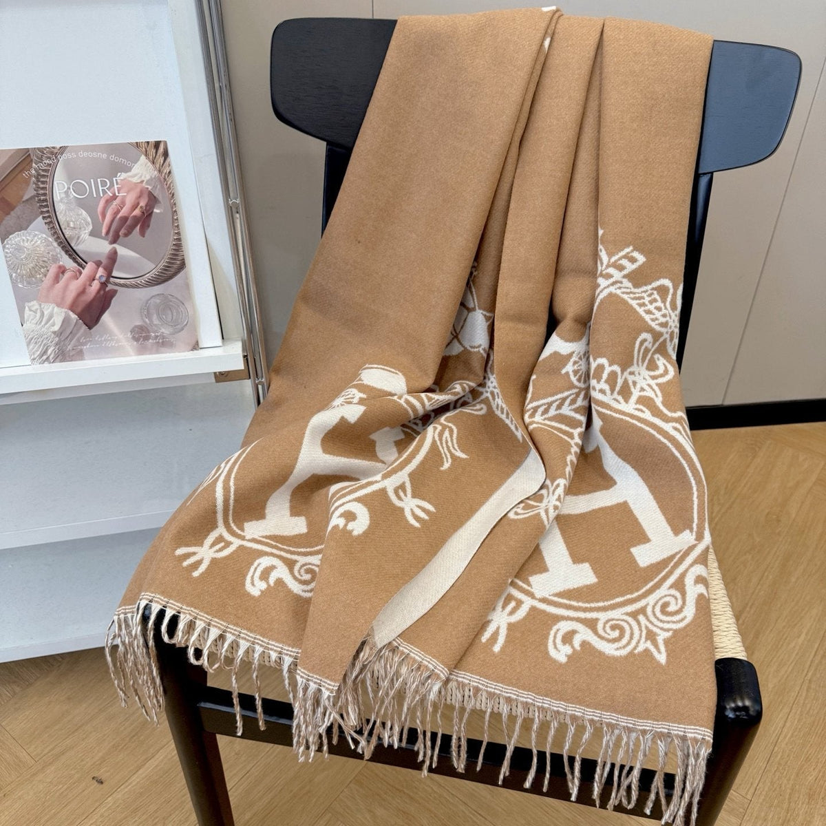 Fringed Knit Scarf with Ornamental Motif product image 3, provided for visual reference and product detail review