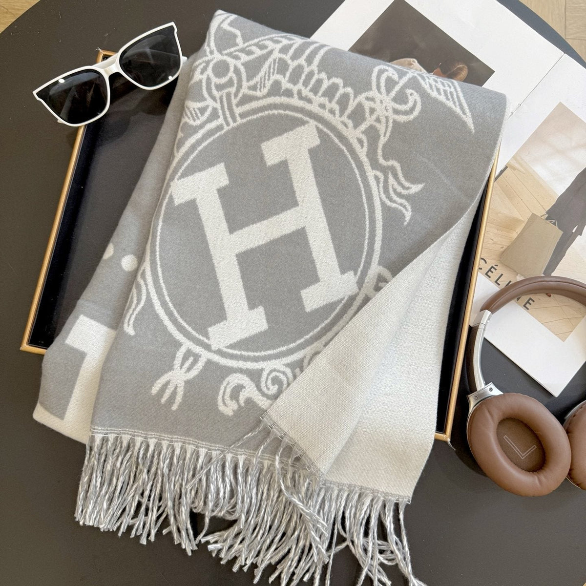 Fringed Knit Scarf with Ornamental Motif product image 2, provided for visual reference and product detail review