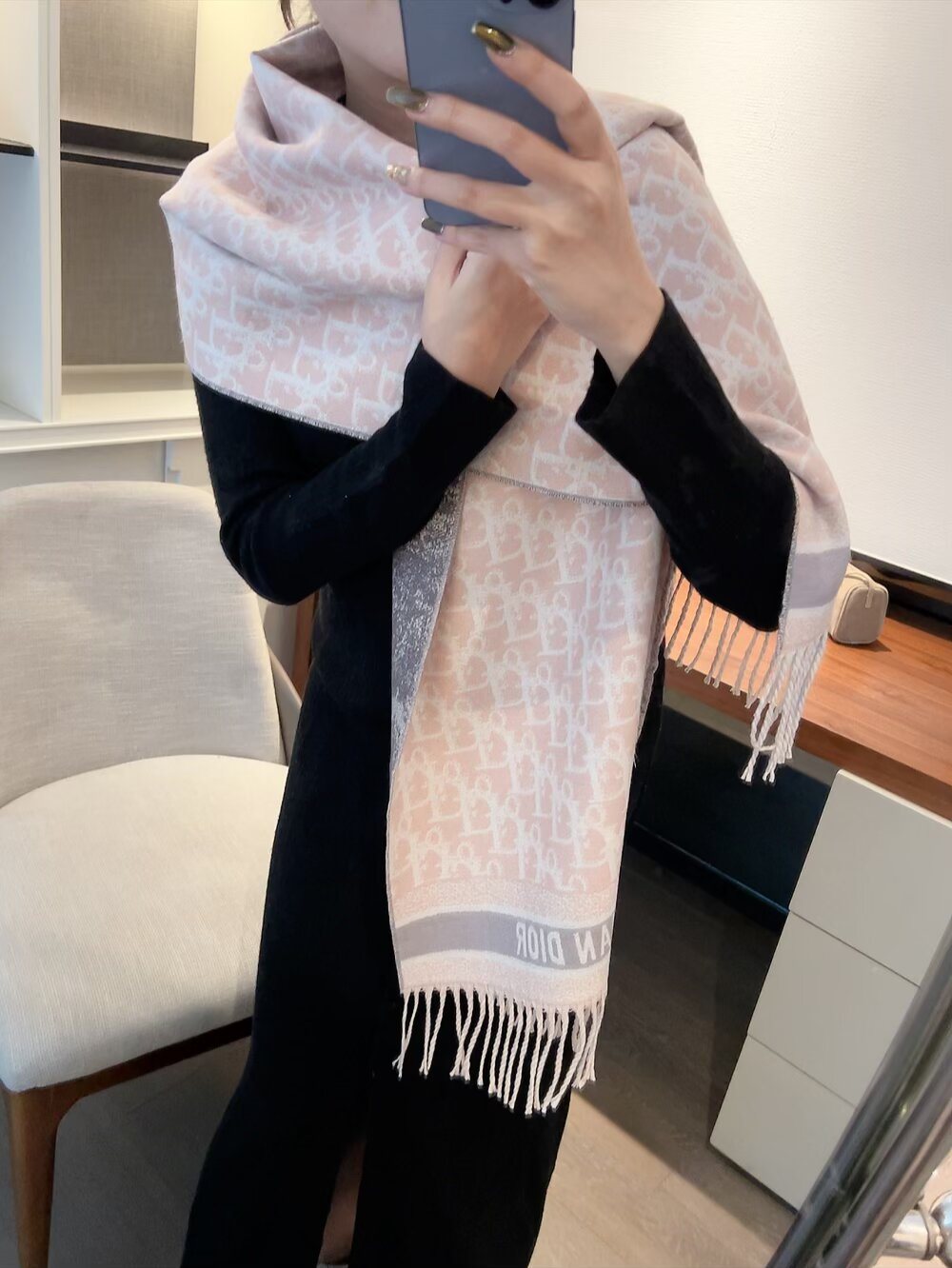 Dior Woven Monogram Fringe Scarf with Contrast Border product image 5, provided for visual reference and product detail