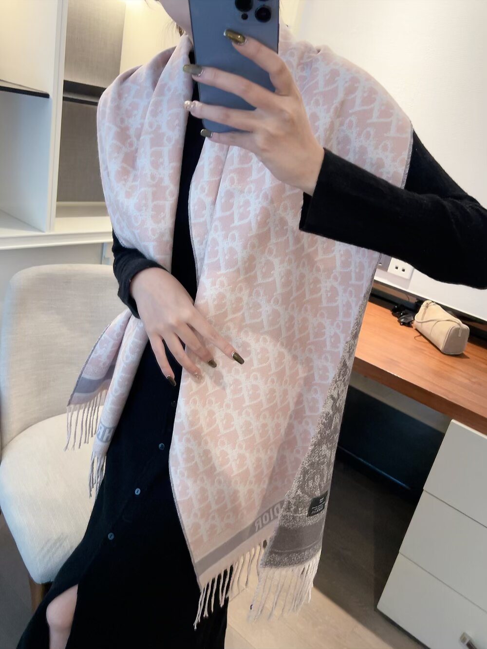 Dior Woven Monogram Fringe Scarf with Contrast Border product image 3, provided for visual reference and product detail