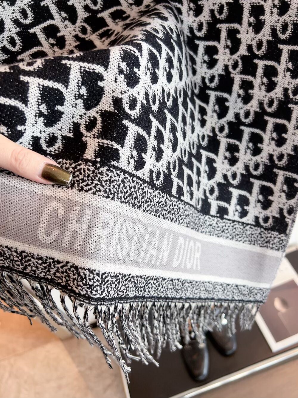 Dior Woven Monogram Fringe Scarf with Contrast Border product image 7, provided for visual reference and product detail