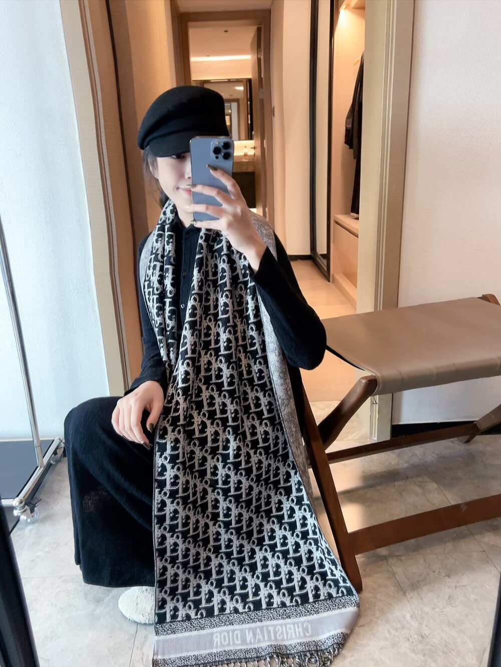 Dior Woven Monogram Fringe Scarf with Contrast Border product image 6, provided for visual reference and product detail