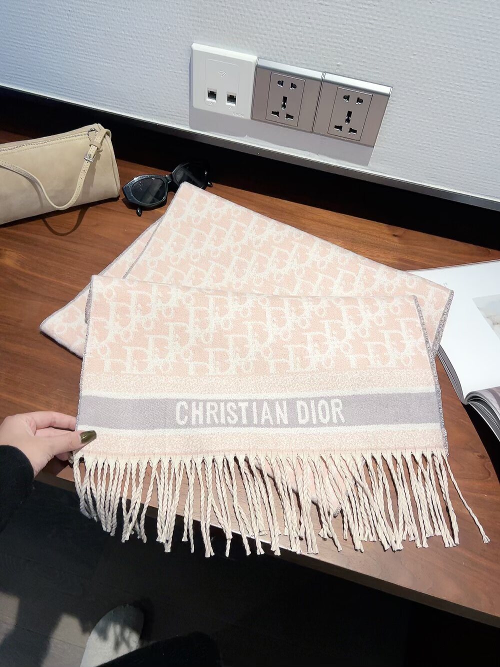 Dior Woven Monogram Fringe Scarf with Contrast Border product image 2, provided for visual reference and product detail