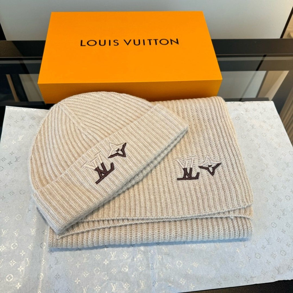 Louis Vuitton Cream Beige Beanie & Scarf Set product image 1, provided for visual reference and product detail review