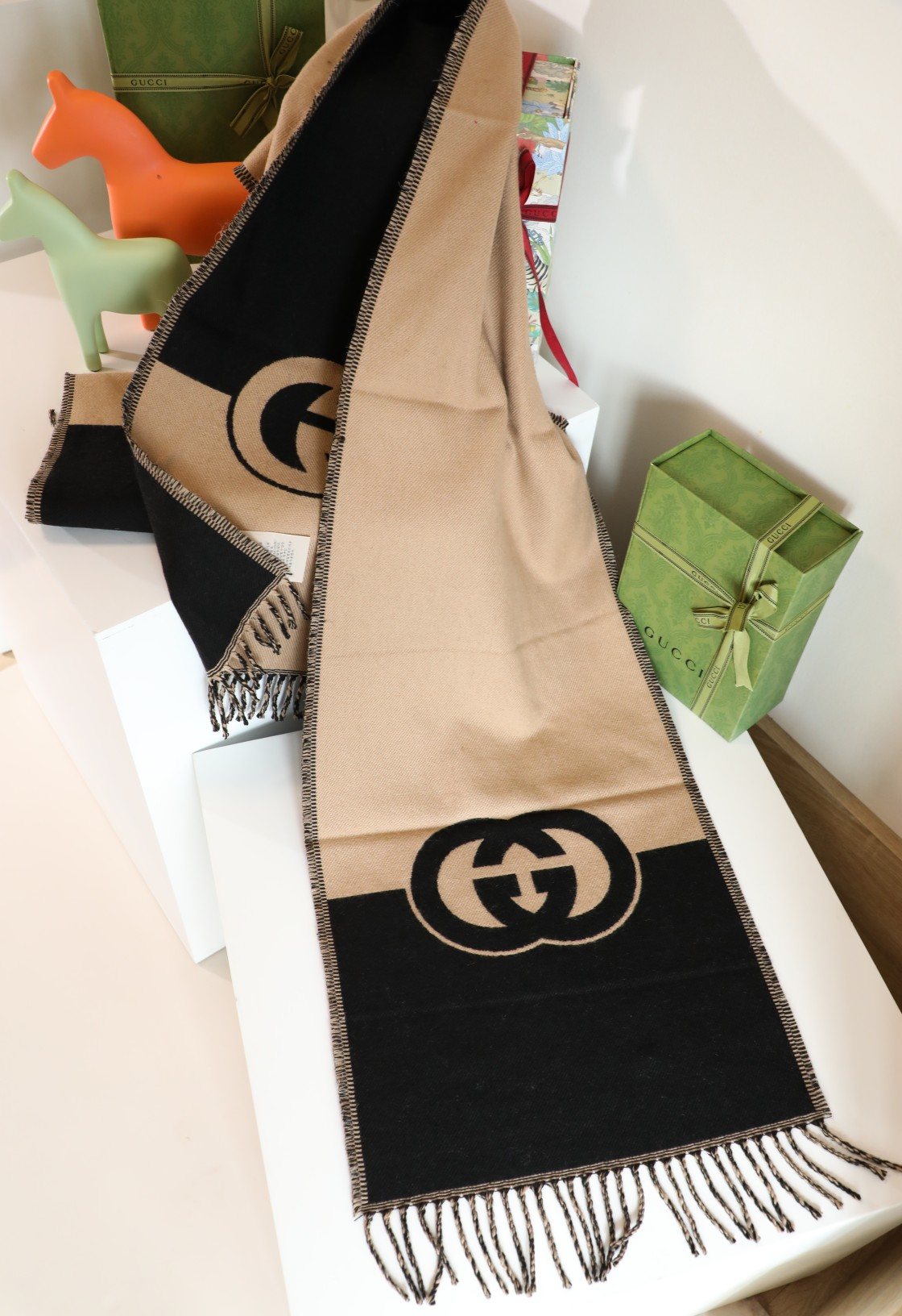 Gucci Beige and Black Fringed Scarf product image 4, provided for visual reference and product detail review