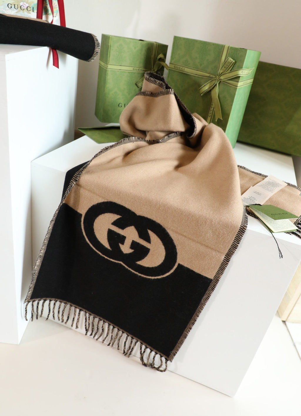 Gucci Black & Camel Beige Fringed Scarf product image 7, provided for visual reference and product detail review