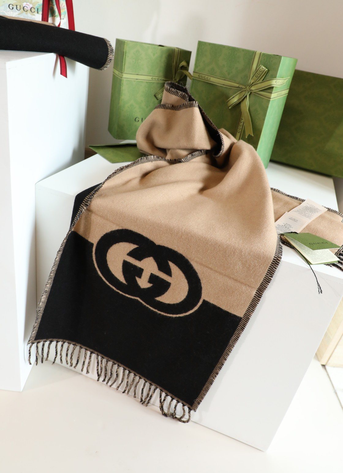 Gucci Black & Camel Beige Fringed Scarf product image 7, provided for visual reference and product detail review
