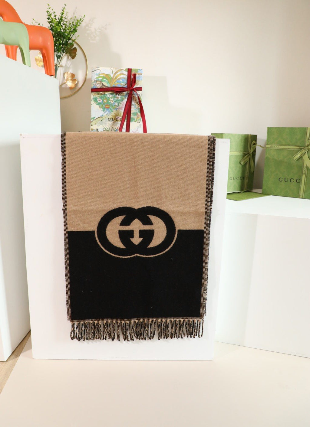 Gucci Beige and Black Fringed Scarf product image 2, provided for visual reference and product detail review