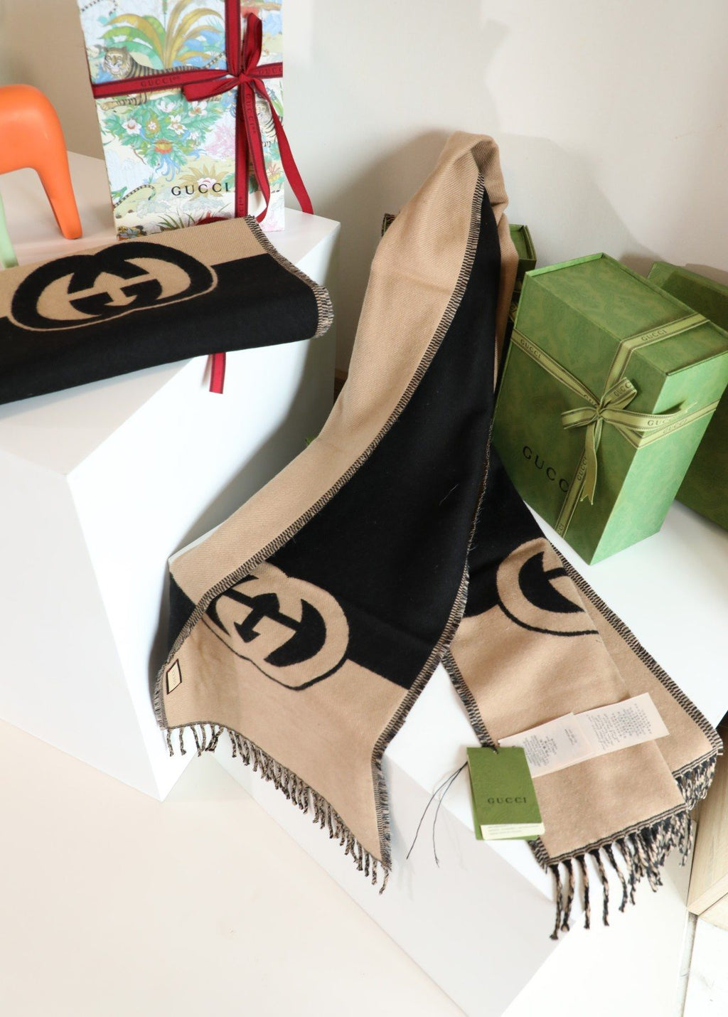 Gucci Black & Camel Beige Fringed Scarf product image 6, provided for visual reference and product detail review