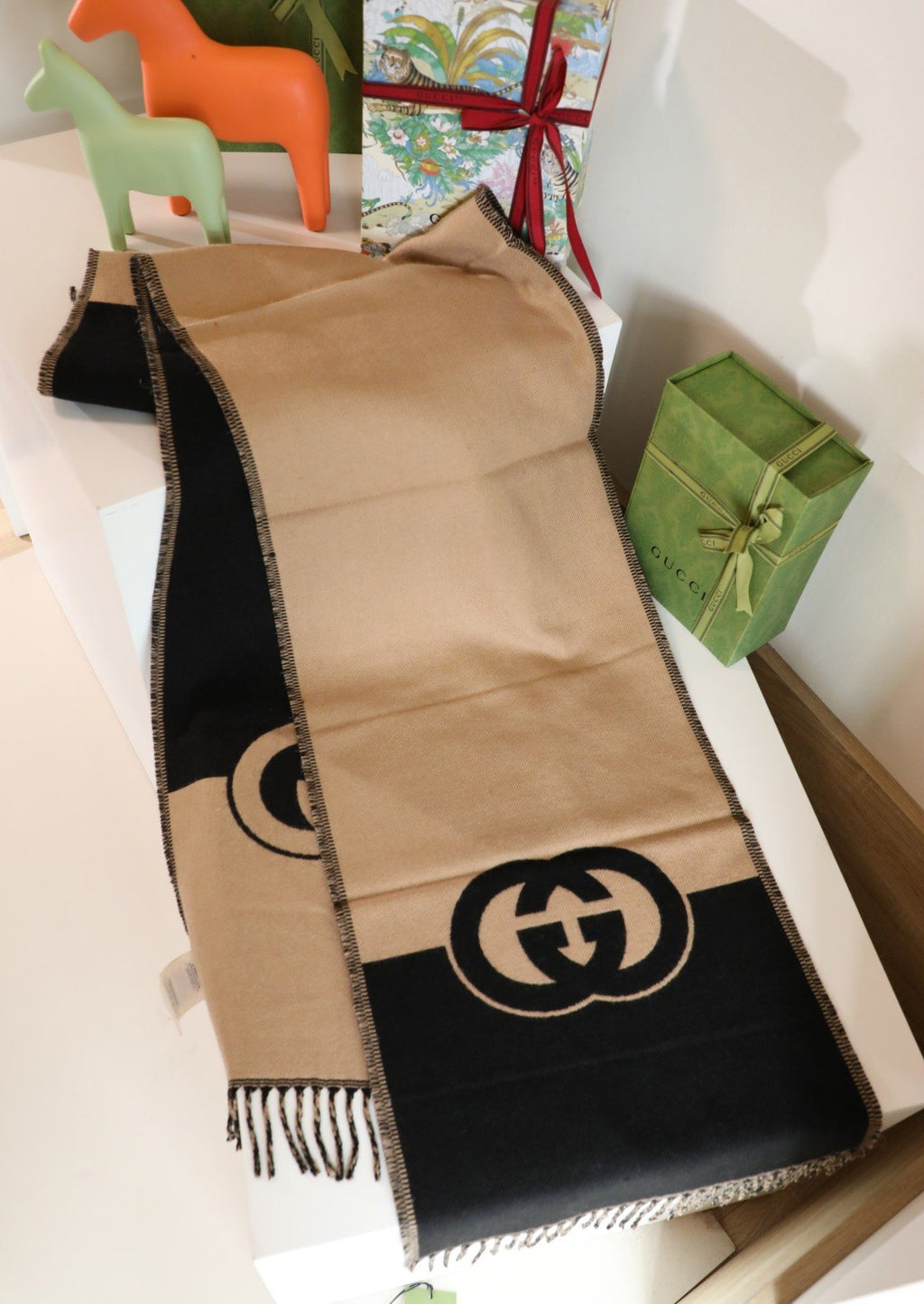 Gucci Beige and Black Fringed Scarf product image 5, provided for visual reference and product detail review