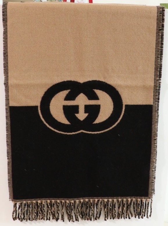Gucci Black & Camel Beige Fringed Scarf product image 1, provided for visual reference and product detail review