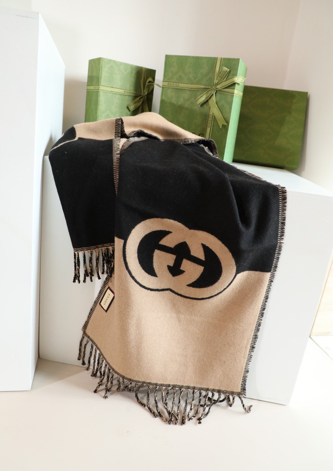 Gucci Beige and Black Fringed Scarf product image 3, provided for visual reference and product detail review