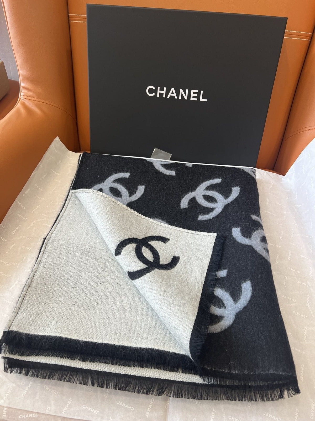 Chanel Reversible Black & Ivory Motif Shawl product image 2, provided for visual reference and product detail review