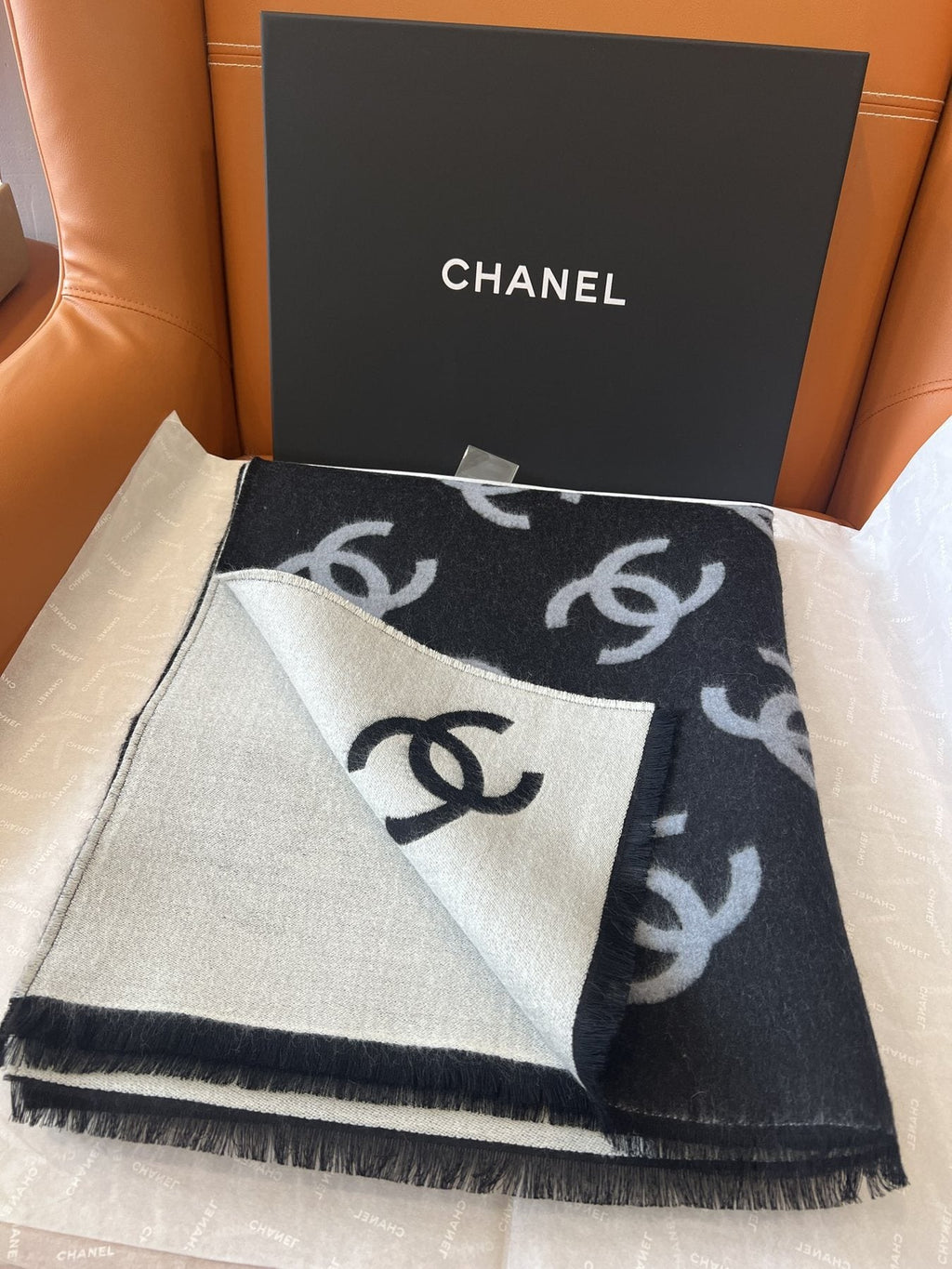 Chanel Reversible Black and Ivory Scarf product image 2, provided for visual reference and product detail review