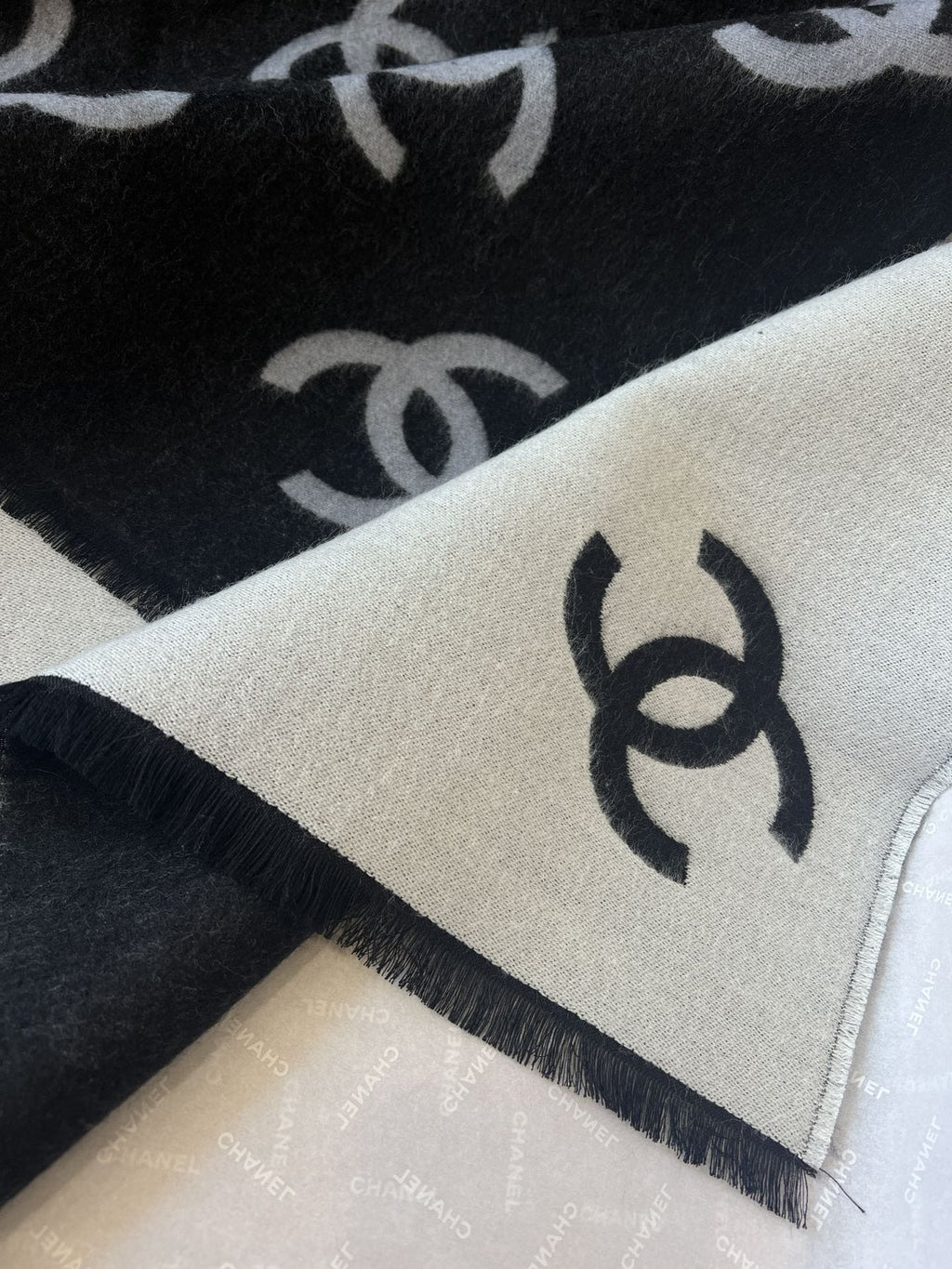 Chanel Reversible Black & Ivory Motif Shawl product image 6, provided for visual reference and product detail review