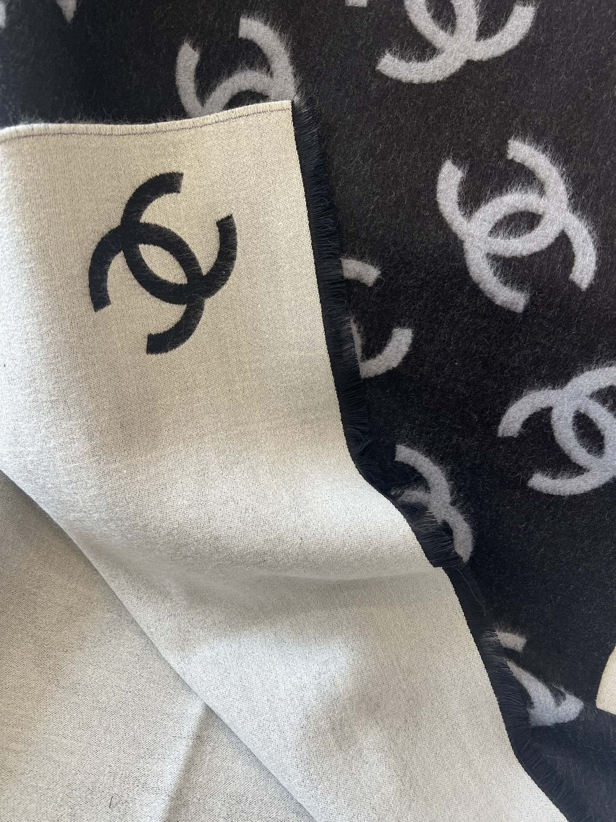 Chanel Reversible Black & Ivory Motif Shawl product image 8, provided for visual reference and product detail review