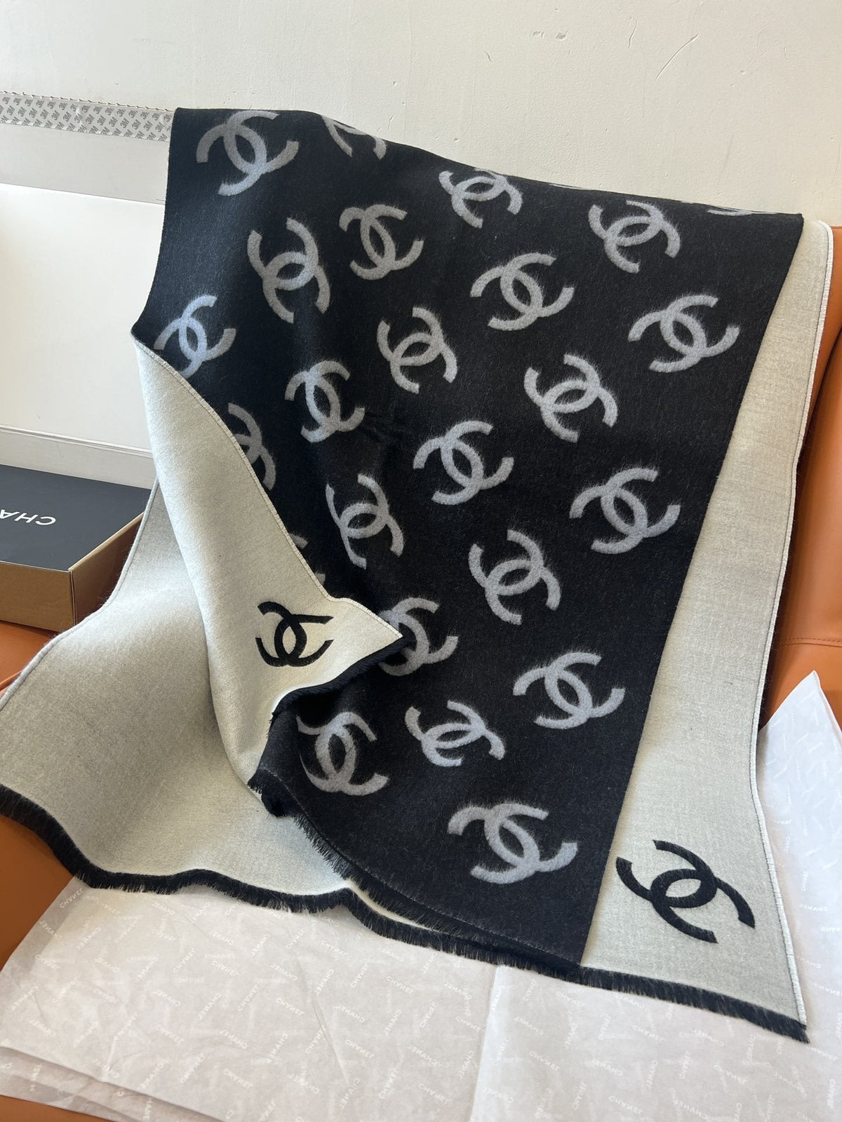 Chanel Reversible Black & Ivory Motif Shawl product image 1, provided for visual reference and product detail review