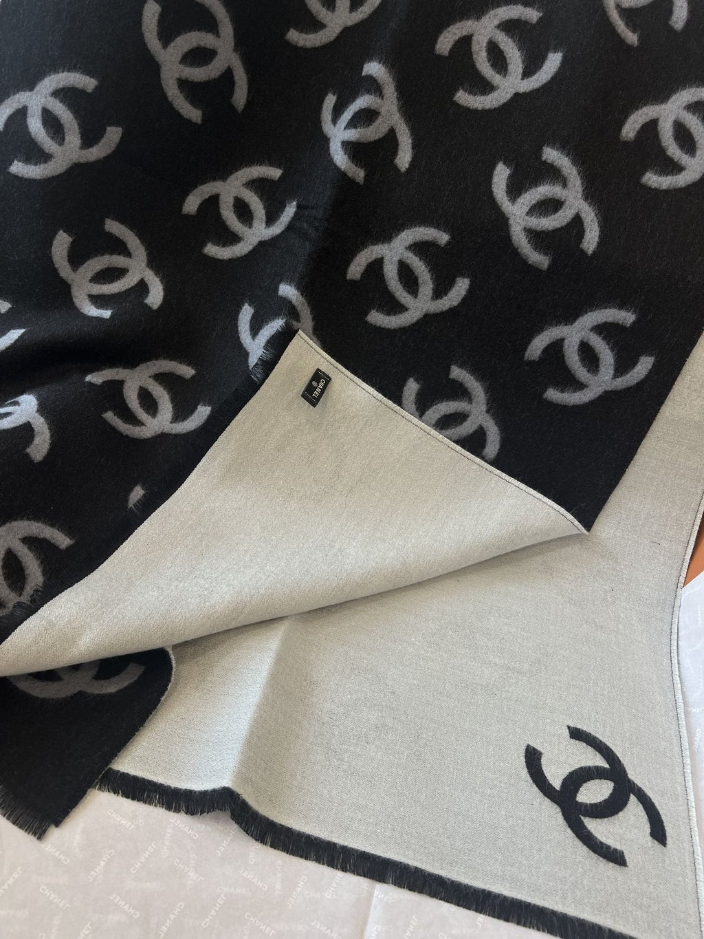 Chanel Reversible Black & Ivory Motif Shawl product image 7, provided for visual reference and product detail review