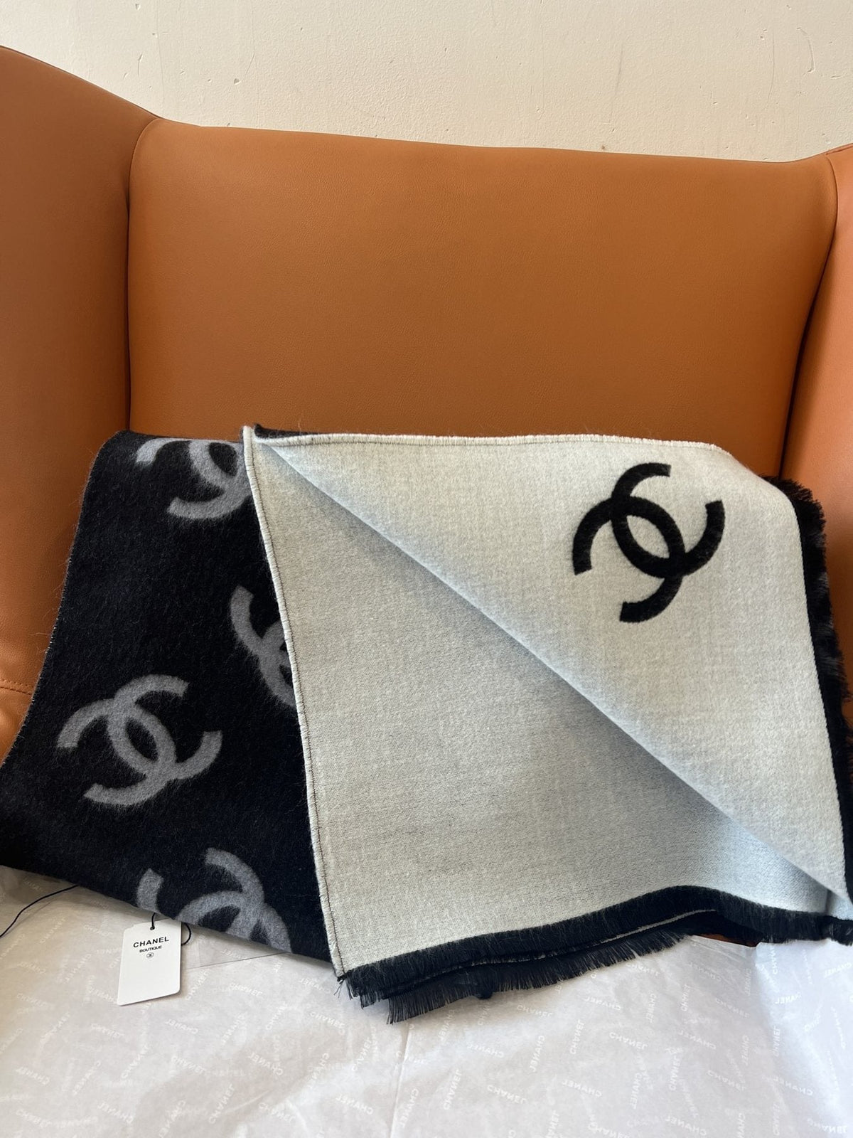 Chanel Reversible Black & Ivory Motif Shawl product image 5, provided for visual reference and product detail review